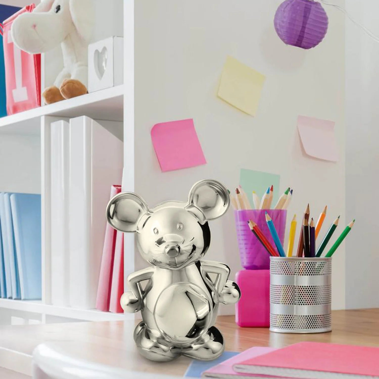 Spardose Sparbüchse Maus, edel versilbert, anlaufgeschützt, Höhe 19 cm