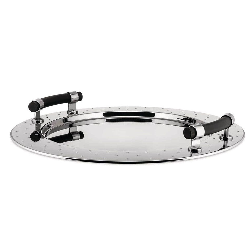 Alessi Tablett aus Edelstahl 18/10 mit Noppendekor und schwarzen Griffen.3