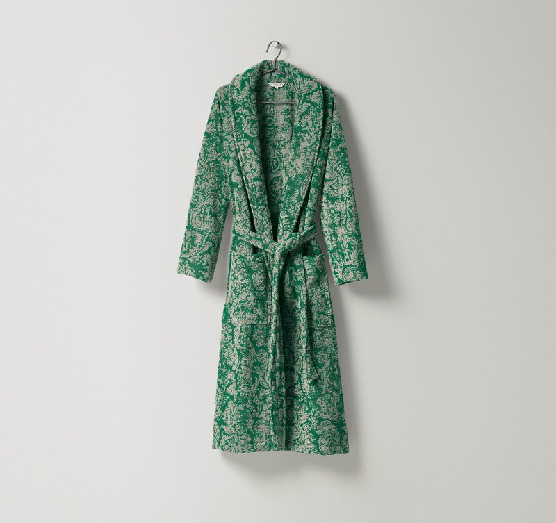 Zweifarbiger Jacquard-Bademantel Friuli für Damen und Herren Sand und Grün mit Barockmuster aus Leinen-Baumwoll-Frottier in Elfenbeinfarbe, Modell Friuli, optional mit Kapuze

