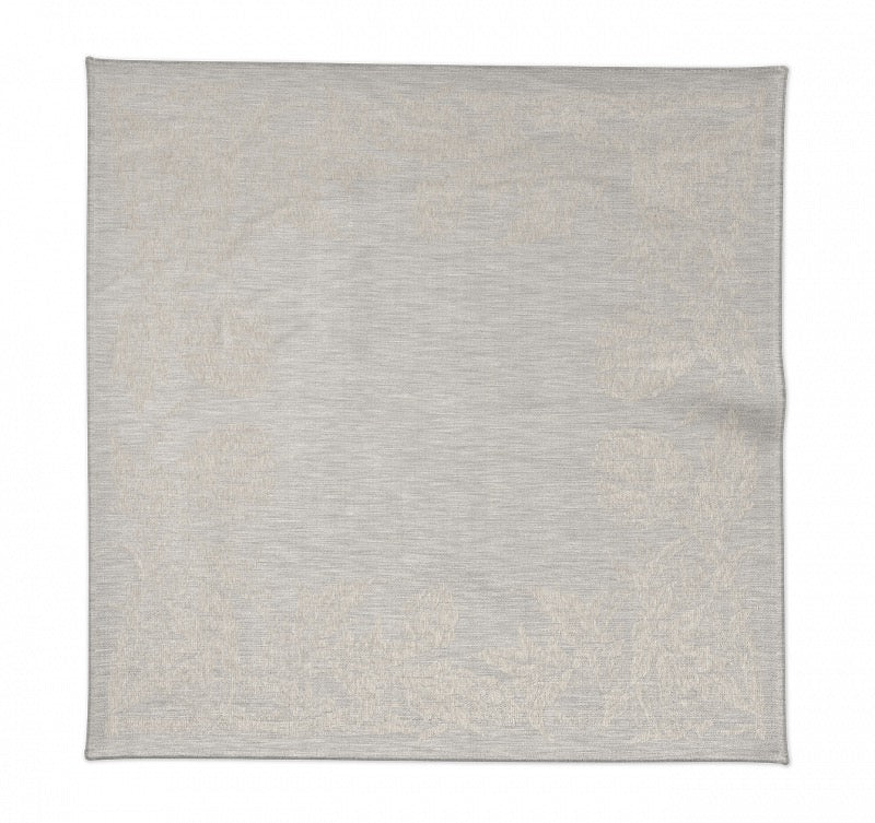 Serviette Tosca aus 100 % Leinen in Hellgrau mit mediterraner Jacquard-Bordüre und Artischockenmotiv.

